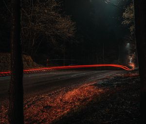 Preview wallpaper road, light, long exposure, trees, night, dark