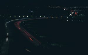 Preview wallpaper road, light, long exposure, night, aerial view, dark