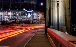 Preview wallpaper road, light, long exposure, buildings, dark