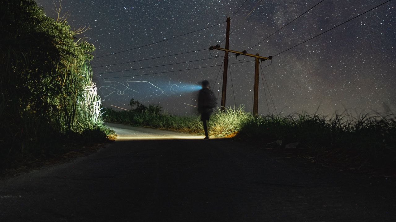 Wallpaper road, light, man, alone, night, starry sky