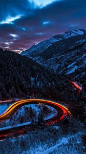 Preview wallpaper road, light, sky, forest, mountains, snow