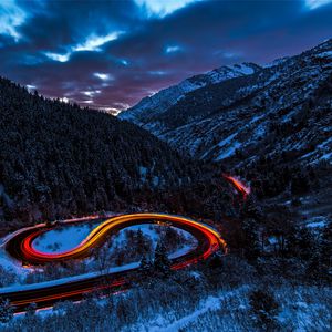 Preview wallpaper road, light, sky, forest, mountains, snow