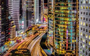 Preview wallpaper road, lights, buildings, freezelight, city, night