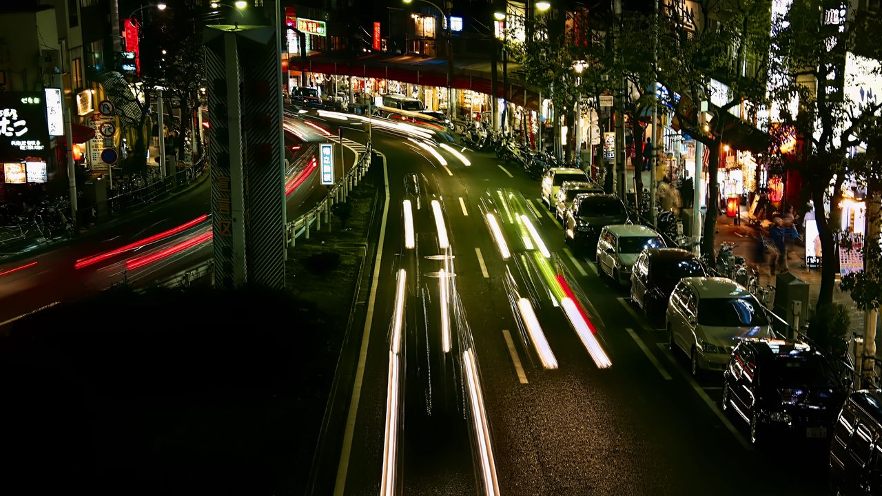 Wallpaper road, lights, city, night, long exposure