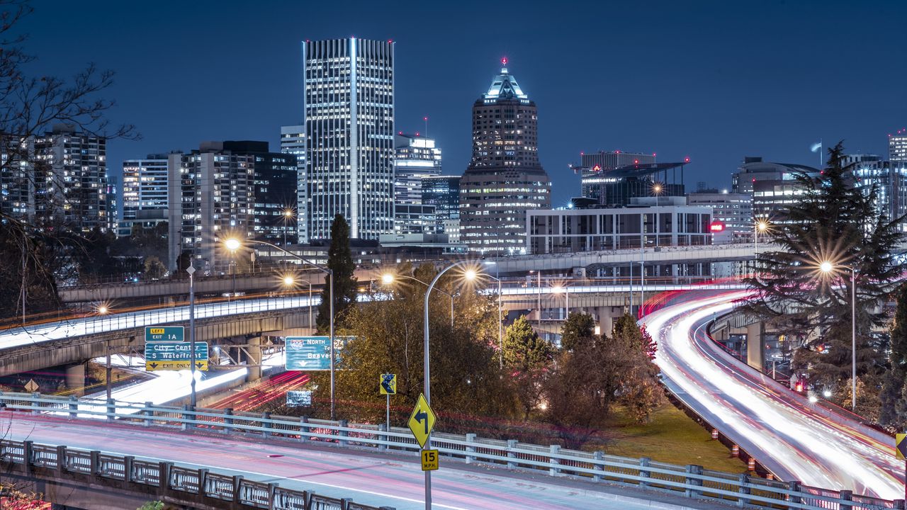 Wallpaper road, lights, city, glow
