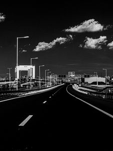 Preview wallpaper road, lights, clouds, black and white