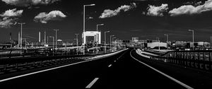 Preview wallpaper road, lights, clouds, black and white