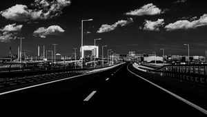 Preview wallpaper road, lights, clouds, black and white