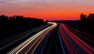 Preview wallpaper road, lights, dark, motion, long exposure
