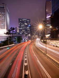 Preview wallpaper road, lights, freezelight, buildings, night