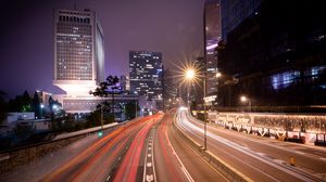 Preview wallpaper road, lights, freezelight, buildings, night