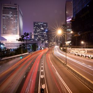 Preview wallpaper road, lights, freezelight, buildings, night