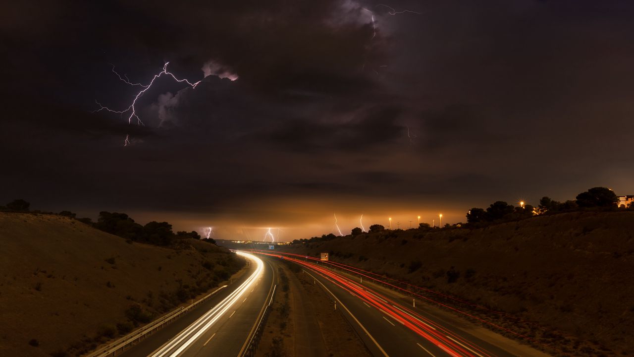 Wallpaper road, lights, lightning, clouds, night, freezelight