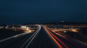 Preview wallpaper road, lights, lines, night, long exposure, dark