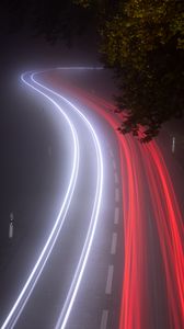 Preview wallpaper road, lights, long exposure, fog, night