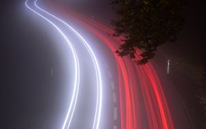 Preview wallpaper road, lights, long exposure, fog, night