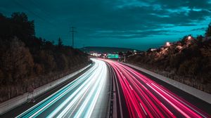 Preview wallpaper road, lights, long exposure, turn, night