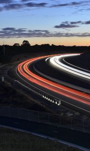 Preview wallpaper road, lights, long exposure, twilight, night