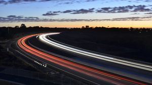 Preview wallpaper road, lights, long exposure, twilight, night