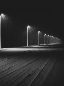 Preview wallpaper road, lights, night, snow, dark