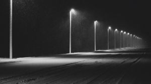 Preview wallpaper road, lights, night, snow, dark