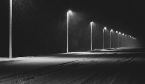 Preview wallpaper road, lights, night, snow, dark