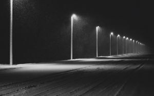 Preview wallpaper road, lights, night, snow, dark