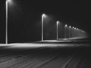 Preview wallpaper road, lights, night, snow, dark