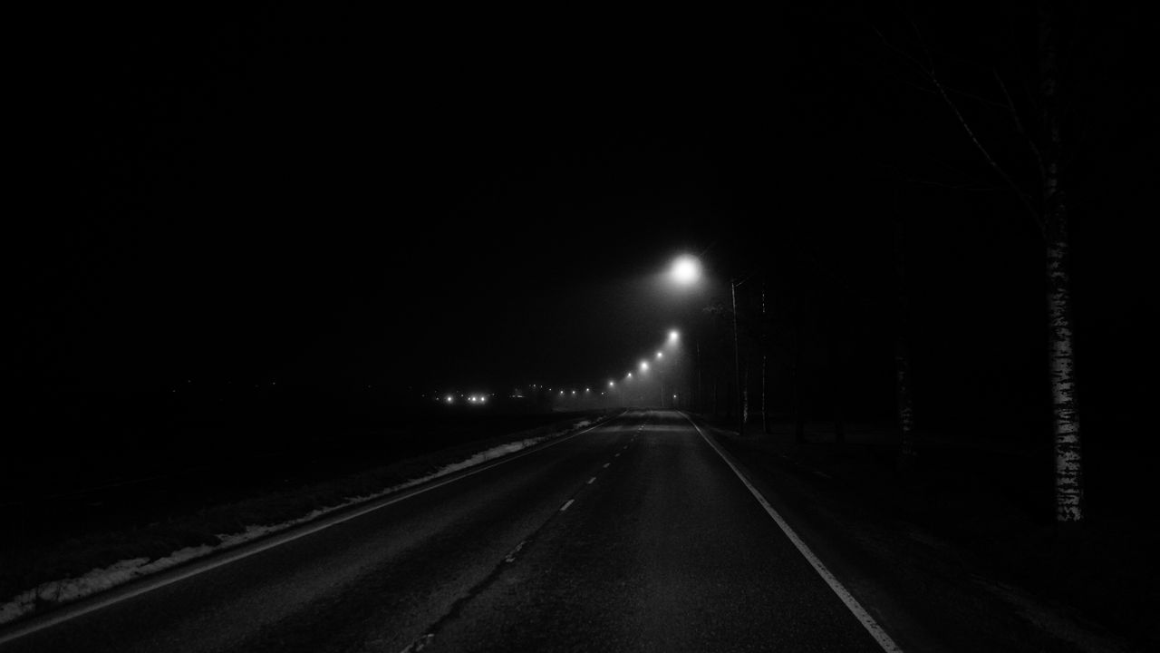 Wallpaper road, lights, night, black and white