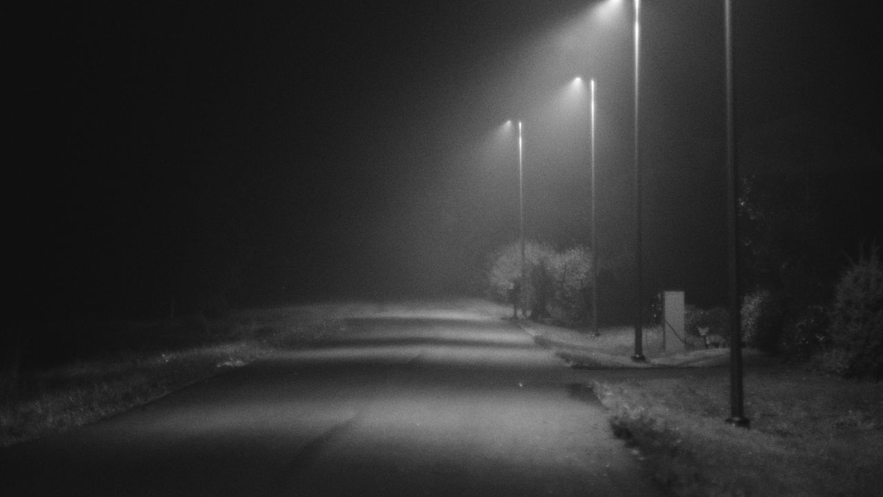 Wallpaper road, lights, street, dark, bw, night