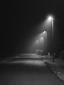 Preview wallpaper road, lights, street, dark, bw, night