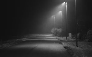 Preview wallpaper road, lights, street, dark, bw, night