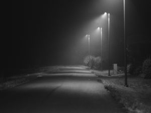 Preview wallpaper road, lights, street, dark, bw, night