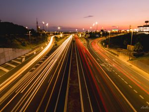 Preview wallpaper road, lines, long exposure, glow, distance