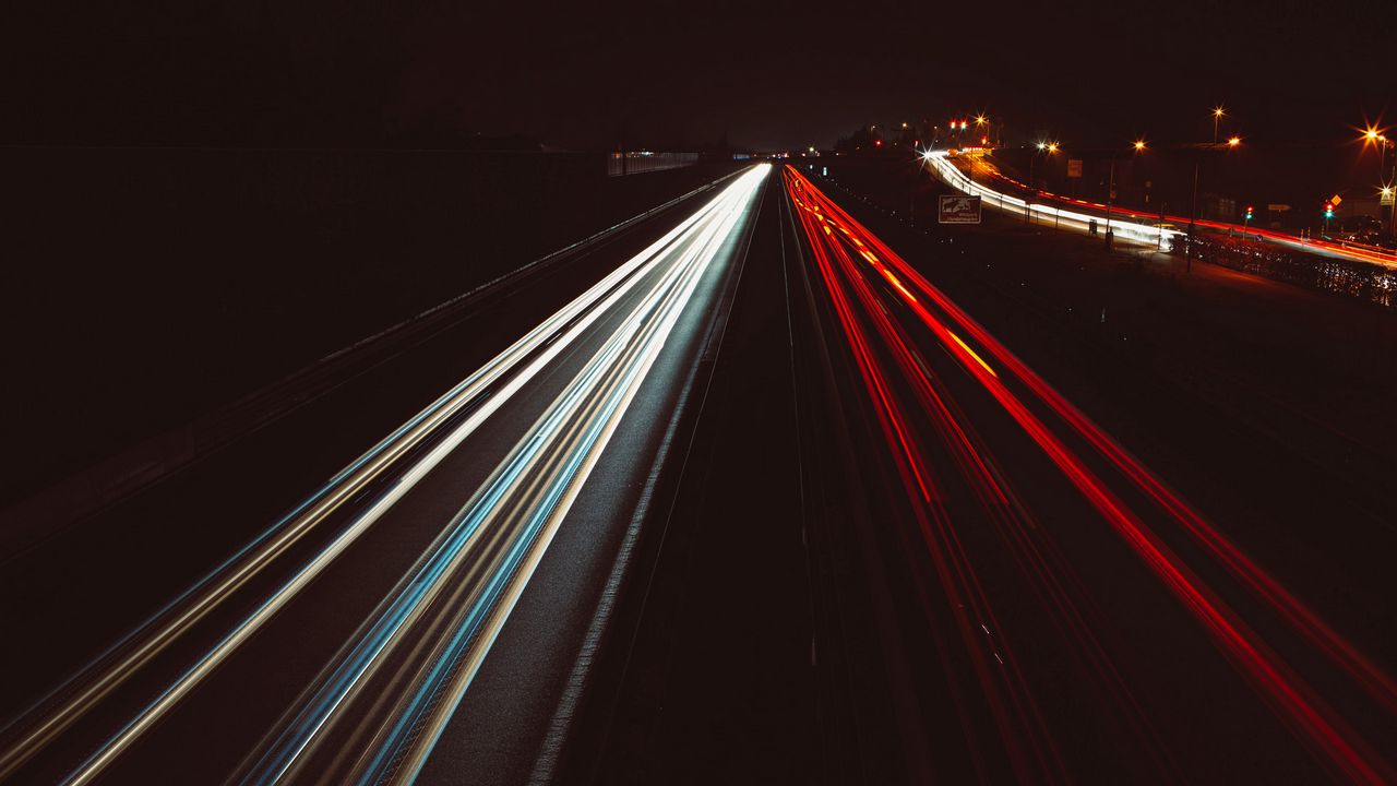 Wallpaper road, lines, long exposure, glow, dark