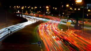 Preview wallpaper road, long exposure, cars, neon, night