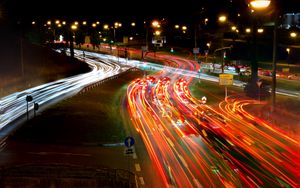 Preview wallpaper road, long exposure, cars, neon, night