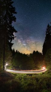 Preview wallpaper road, long exposure, forest, starry sky