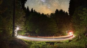 Preview wallpaper road, long exposure, forest, starry sky
