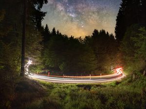 Preview wallpaper road, long exposure, forest, starry sky