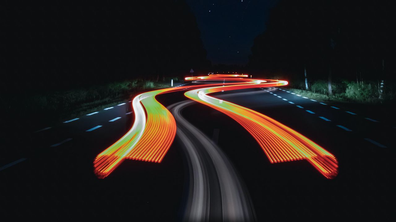 Wallpaper road, long exposure, glow, starry sky, night