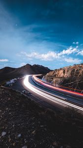 Preview wallpaper road, long exposure, glow, rocks, cars