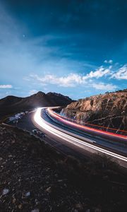 Preview wallpaper road, long exposure, glow, rocks, cars