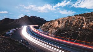 Preview wallpaper road, long exposure, glow, rocks, cars