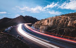 Preview wallpaper road, long exposure, glow, rocks, cars