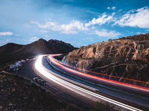 Preview wallpaper road, long exposure, glow, rocks, cars