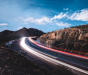 Preview wallpaper road, long exposure, glow, rocks, cars