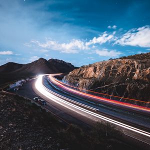 Preview wallpaper road, long exposure, glow, rocks, cars