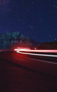 Preview wallpaper road, long exposure, glow, starry sky, stars