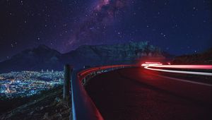 Preview wallpaper road, long exposure, glow, starry sky, stars